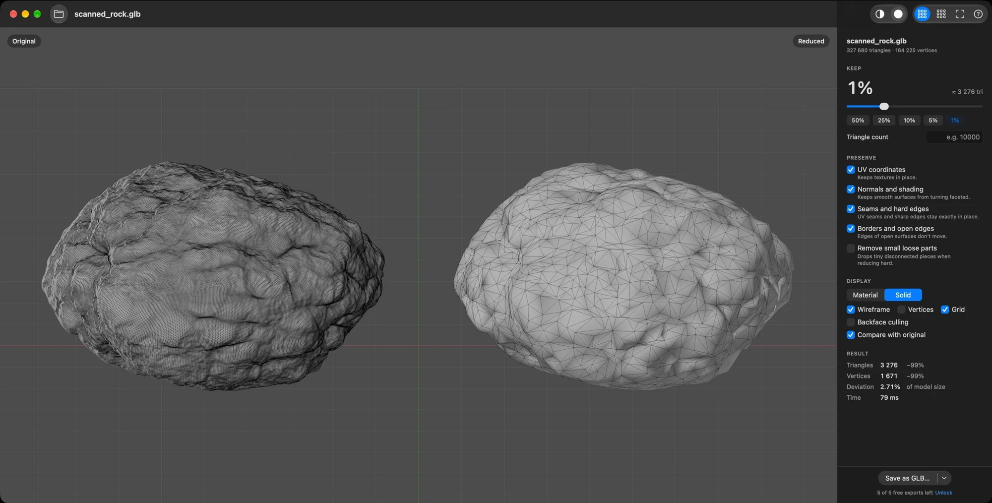 Wireframe comparison: 327,680 triangles on the left, 3,276 on the right
